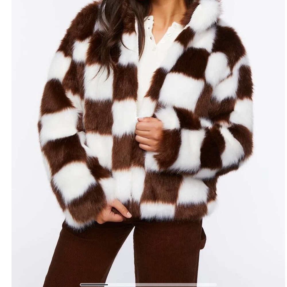 New Forever 21 Faux Fur Checkered Coat